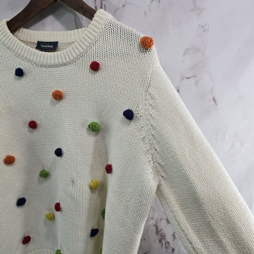 Modcloth Sweater Womens Large White Red Pom Puff Rainbow Blowing Bubbles Mod - Picture 10 of 11